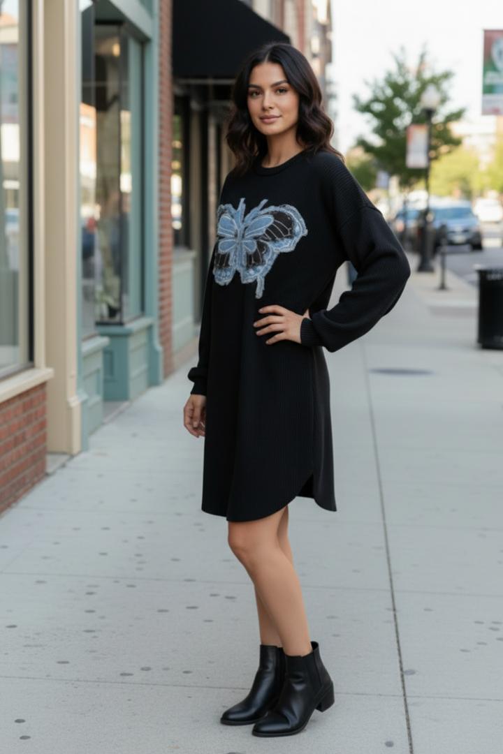 PLUS SIZE URBAN RIBBED PATCH BUTTERFLY DETAIL MINI DRESS ED6901