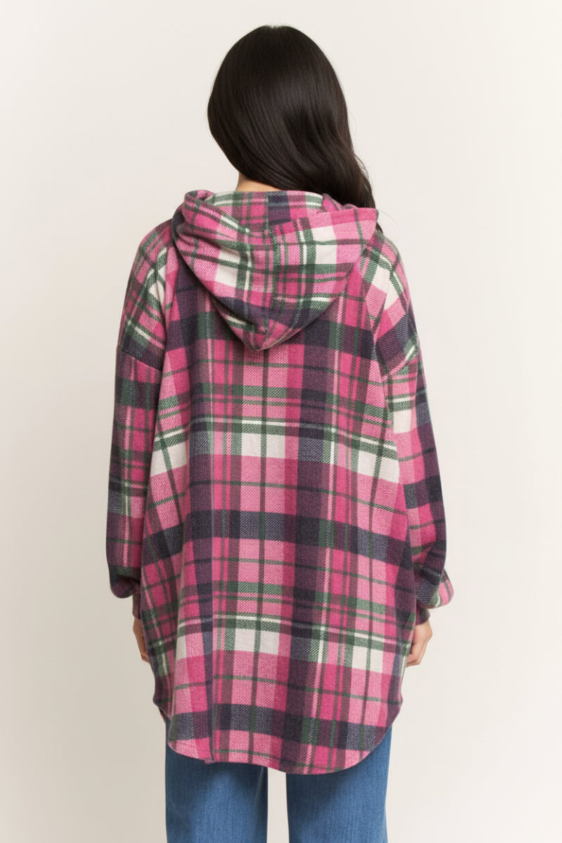 PLAID BUTTON-DOWN DOLPHIN HEM CARDIGAN HMEJ6401