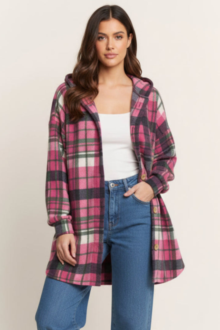 PLAID BUTTON-DOWN DOLPHIN HEM CARDIGAN HMEJ6401
