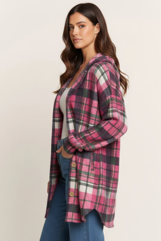 PLAID BUTTON-DOWN DOLPHIN HEM CARDIGAN HMEJ6401