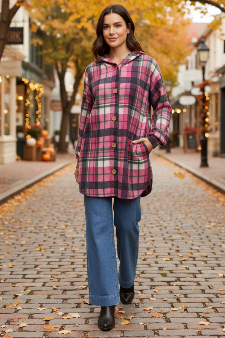 PLAID BUTTON-DOWN DOLPHIN HEM CARDIGAN HMEJ6401