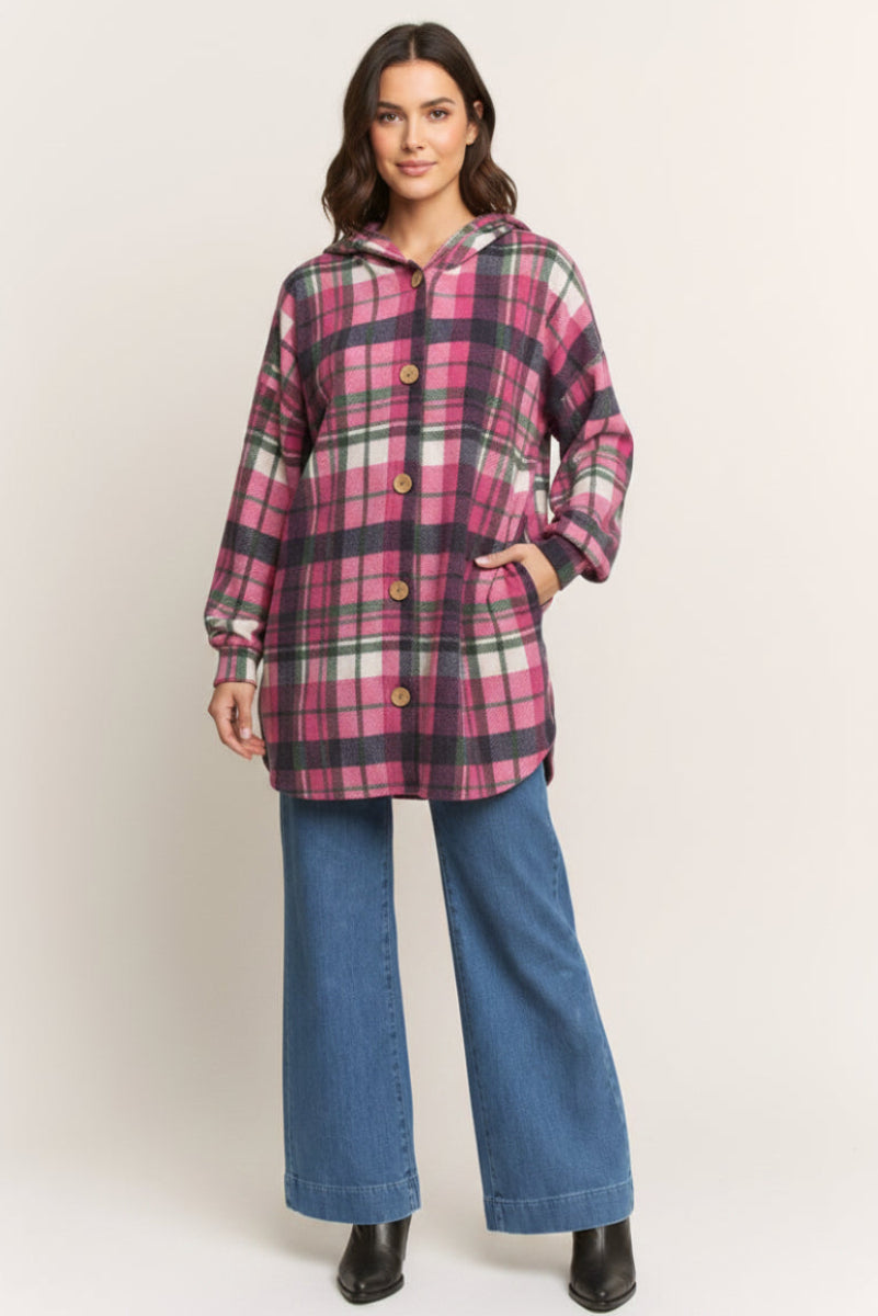 PLAID BUTTON-DOWN DOLPHIN HEM CARDIGAN HMEJ6401