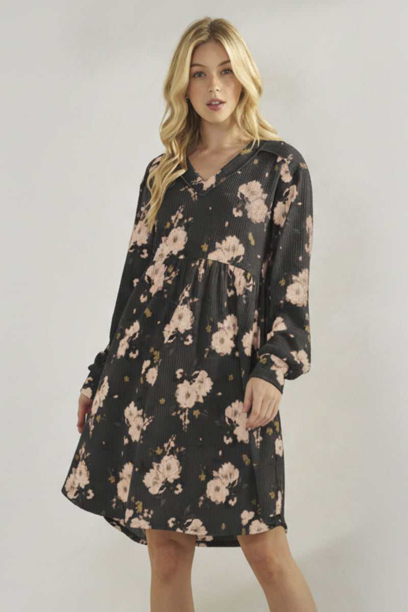 FLORAL PRINT URBAN RIB BABYDOLL MIDI DRESS HMED6869
