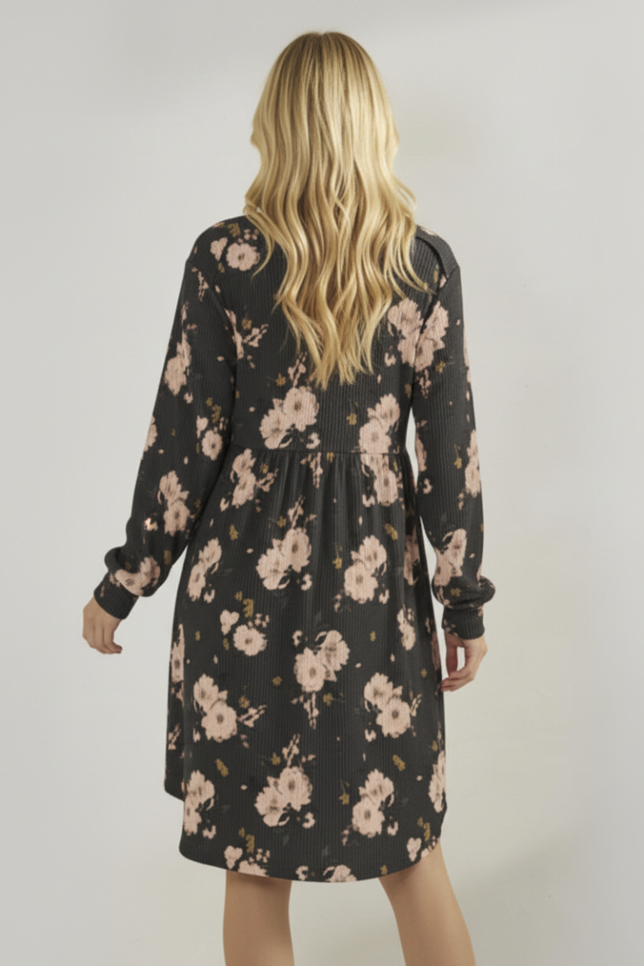 FLORAL PRINT URBAN RIB BABYDOLL MIDI DRESS HMED6869