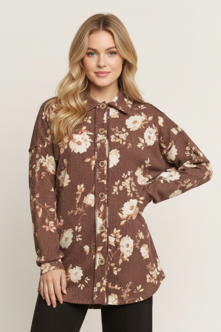 PLUS SIZE URBAN RIBBED BUTTON DOWN SHACKET TOP HMET7425
