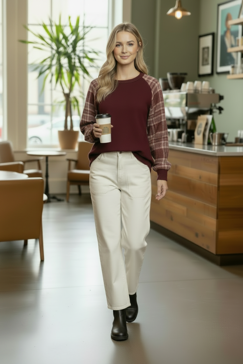PLUS SIZE URBAN RIBBED PLAID SLEEVE CONTRAST TOP HMET7689