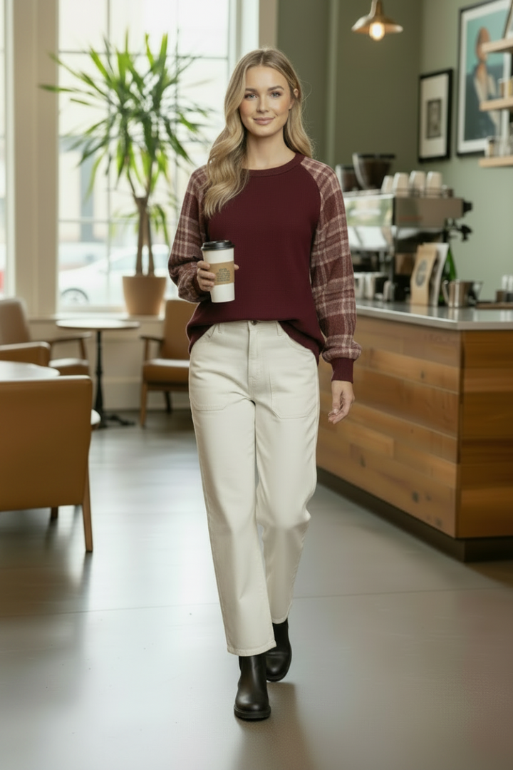 PLUS SIZE URBAN RIBBED PLAID SLEEVE CONTRAST TOP HMET7689