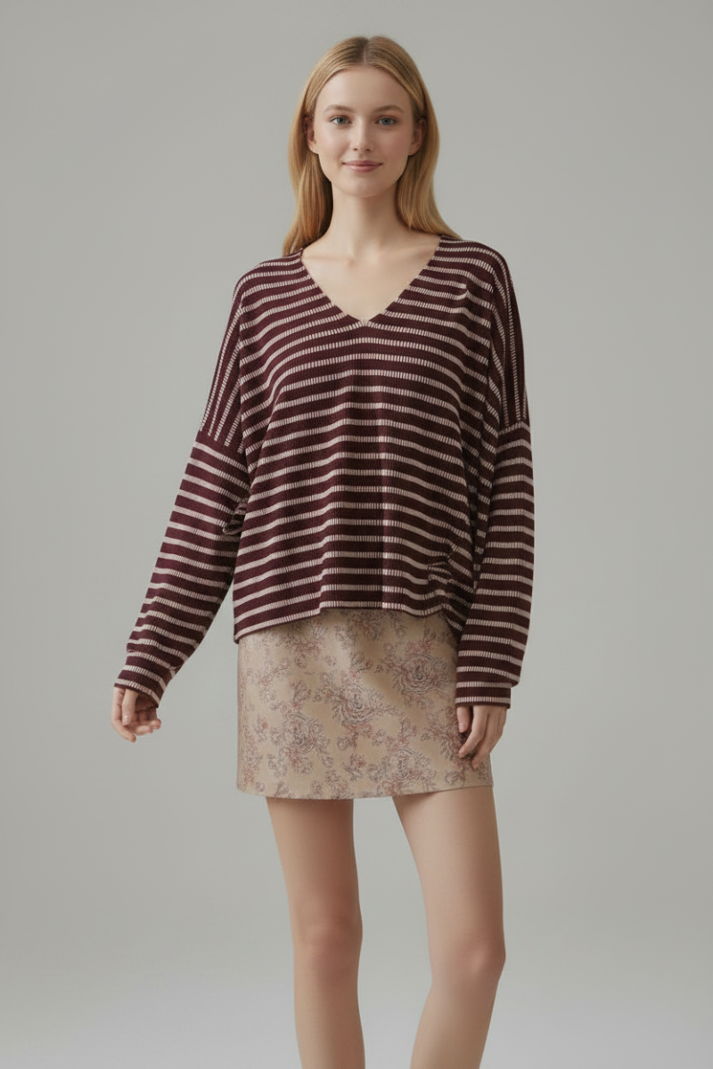PLUS SIZE STRIPE DOLMAN SLEEVE KNIT SWEATER TOP HMET6943