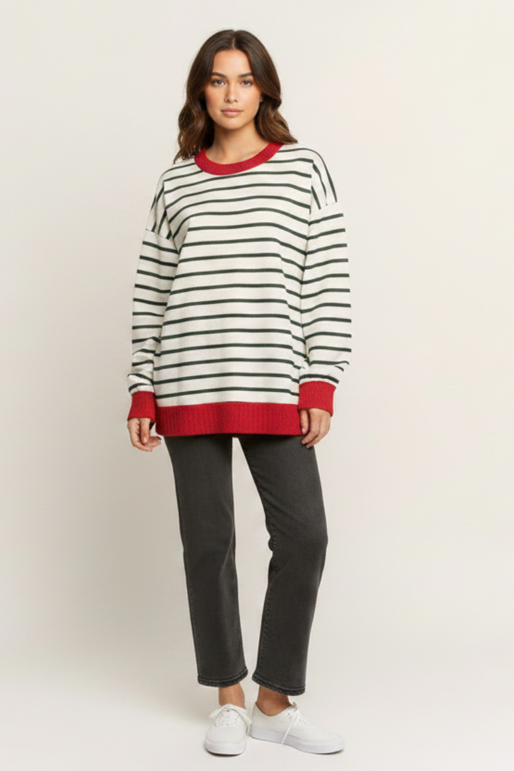 PLUS SIZE STRIPE WITH RED SOLID TRIM HEM TOP HMET8027