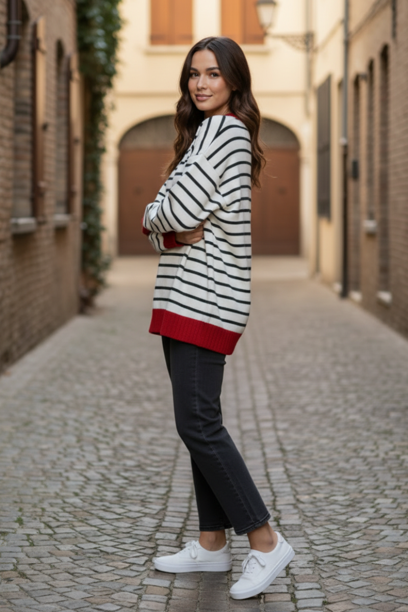 PLUS SIZE STRIPE WITH RED SOLID TRIM HEM TOP HMET8027