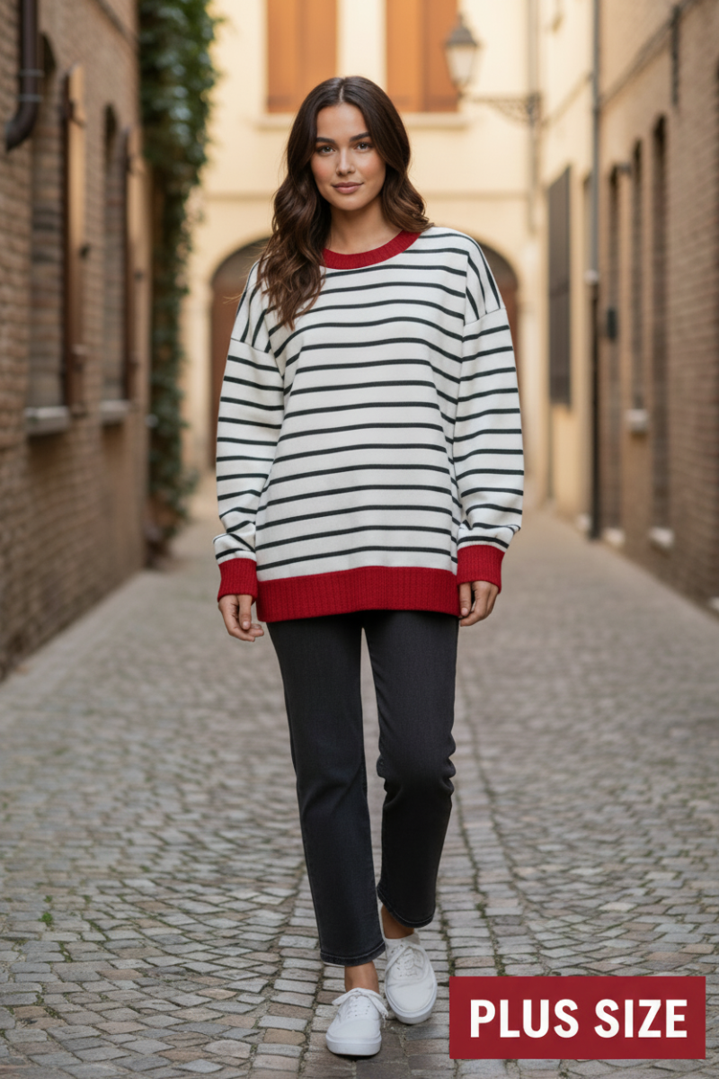 PLUS SIZE STRIPE WITH RED SOLID TRIM HEM TOP HMET8027