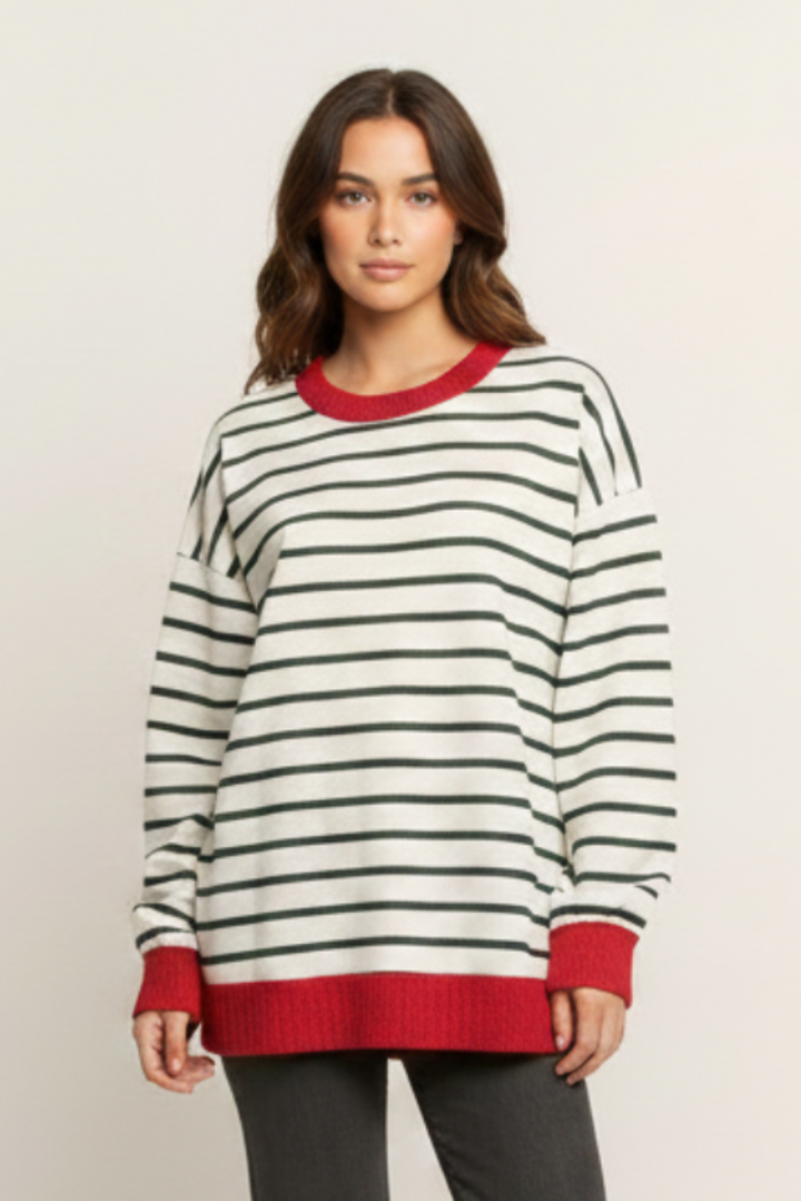 PLUS SIZE STRIPE WITH RED SOLID TRIM HEM TOP HMET8027
