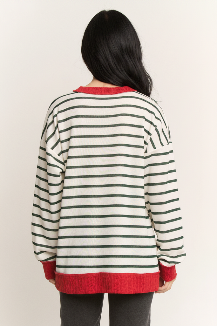 PLUS SIZE STRIPE WITH RED SOLID TRIM HEM TOP HMET8027