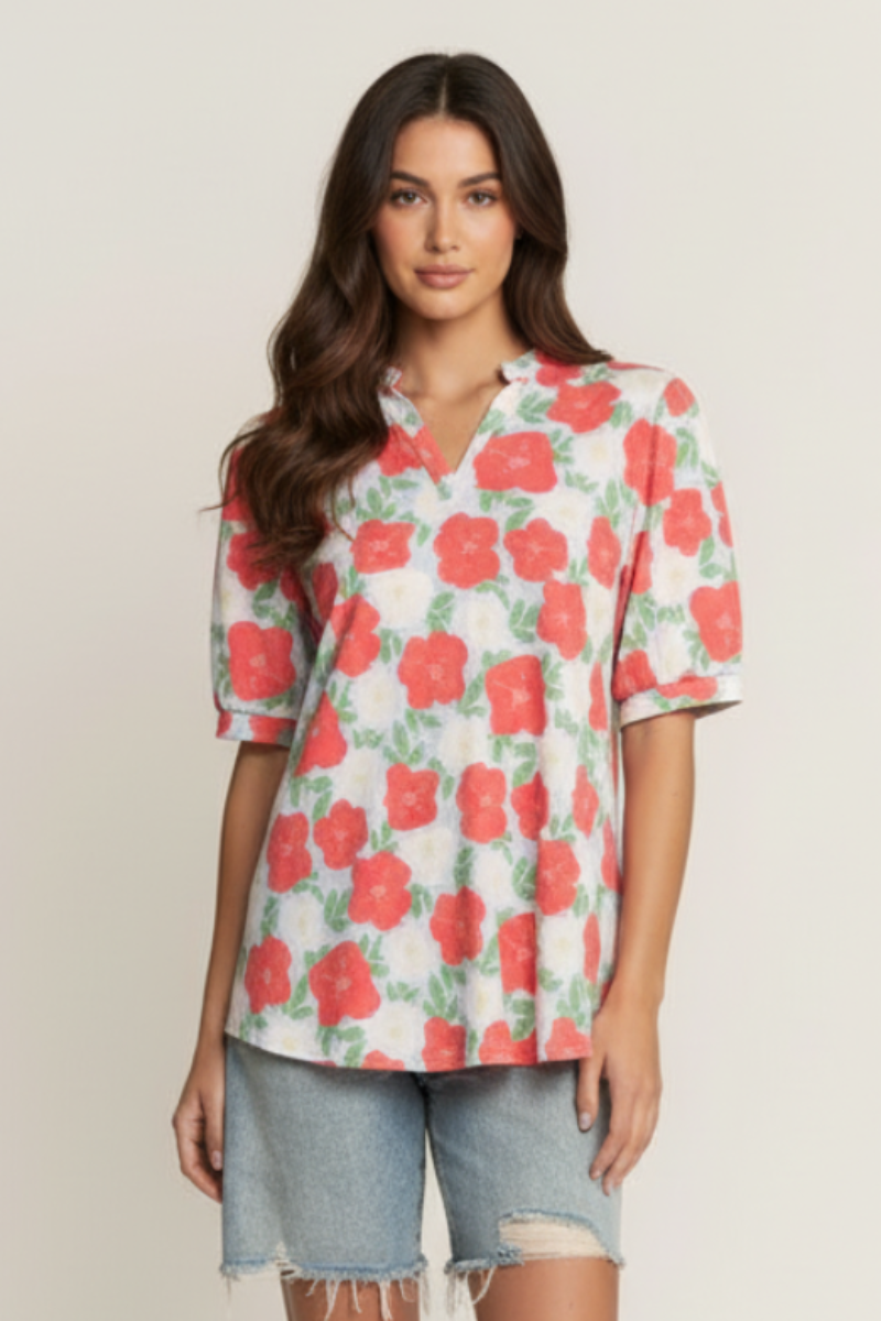 FLORAL PRINT PUFF SHORT SLEEVE TOP HMET7934