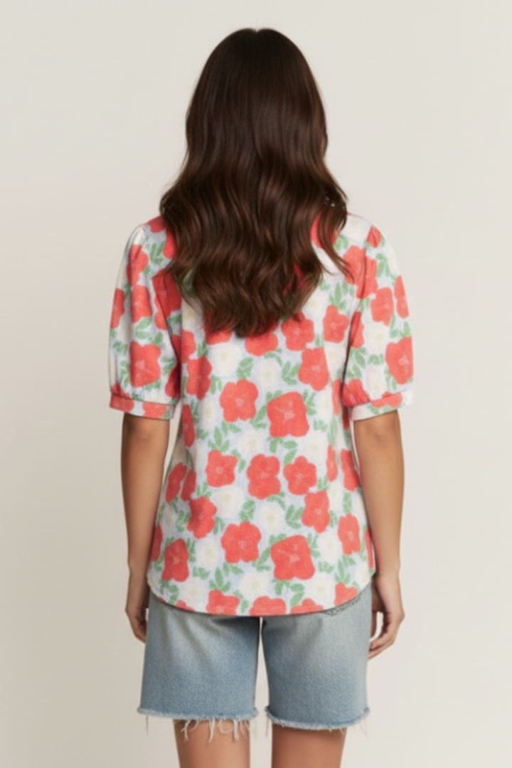 FLORAL PRINT PUFF SHORT SLEEVE TOP HMET7934
