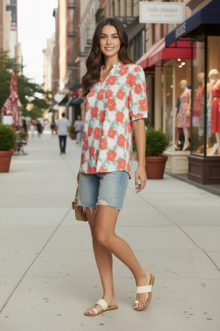 FLORAL PRINT PUFF SHORT SLEEVE TOP HMET7934
