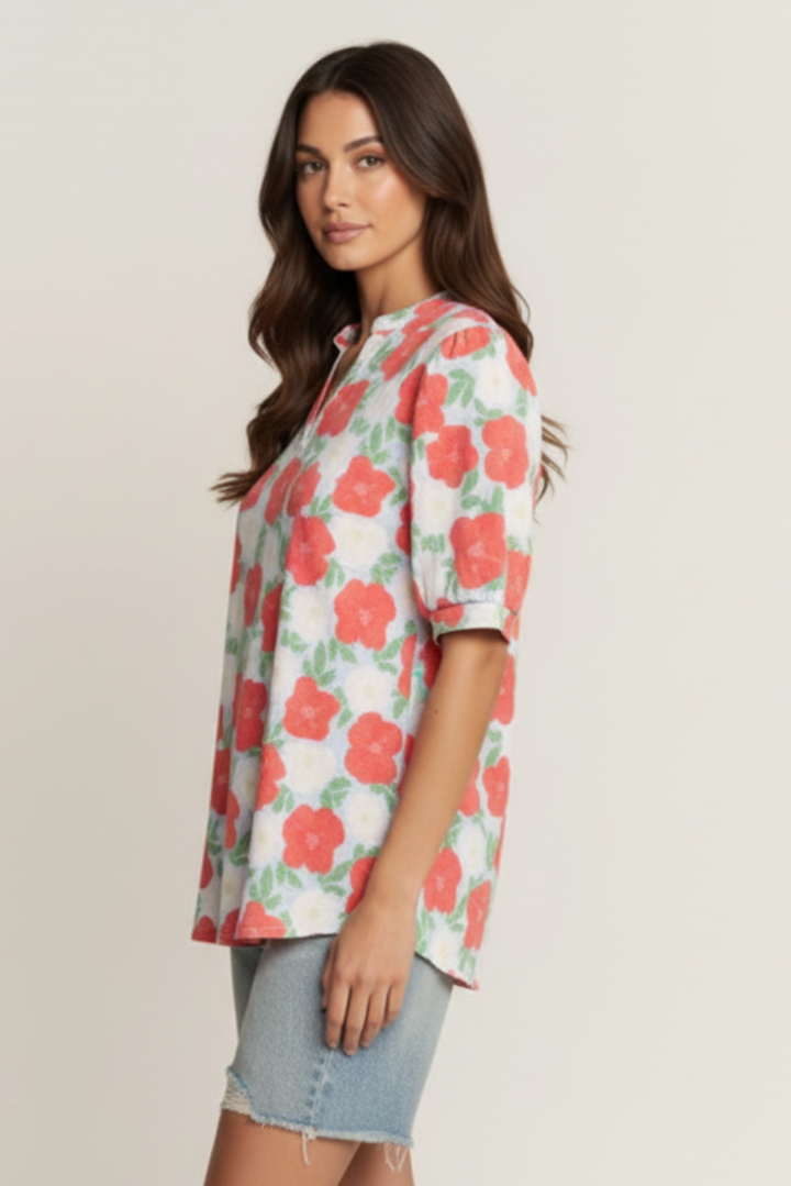FLORAL PRINT PUFF SHORT SLEEVE TOP HMET7934