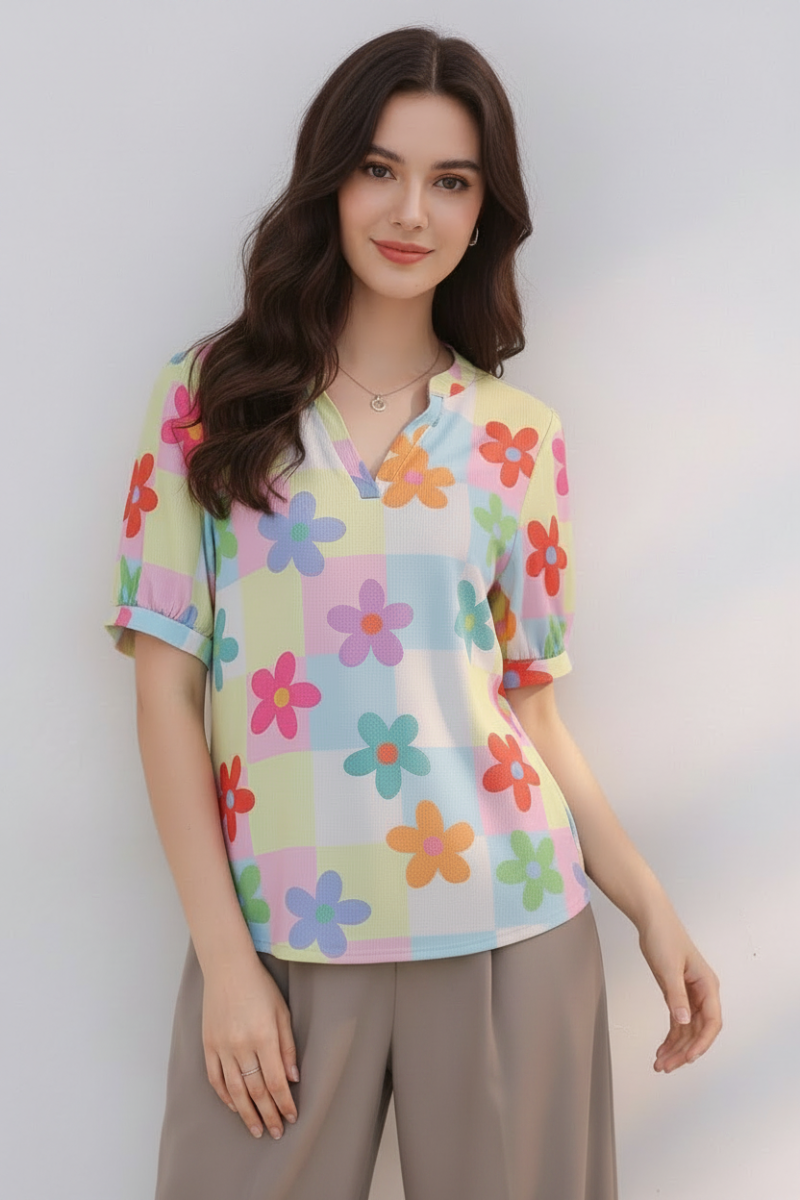 PLUS SIZE MANDARIN COLLAR FLORAL PRINT SHORT SLEEVE TOP HMET7934