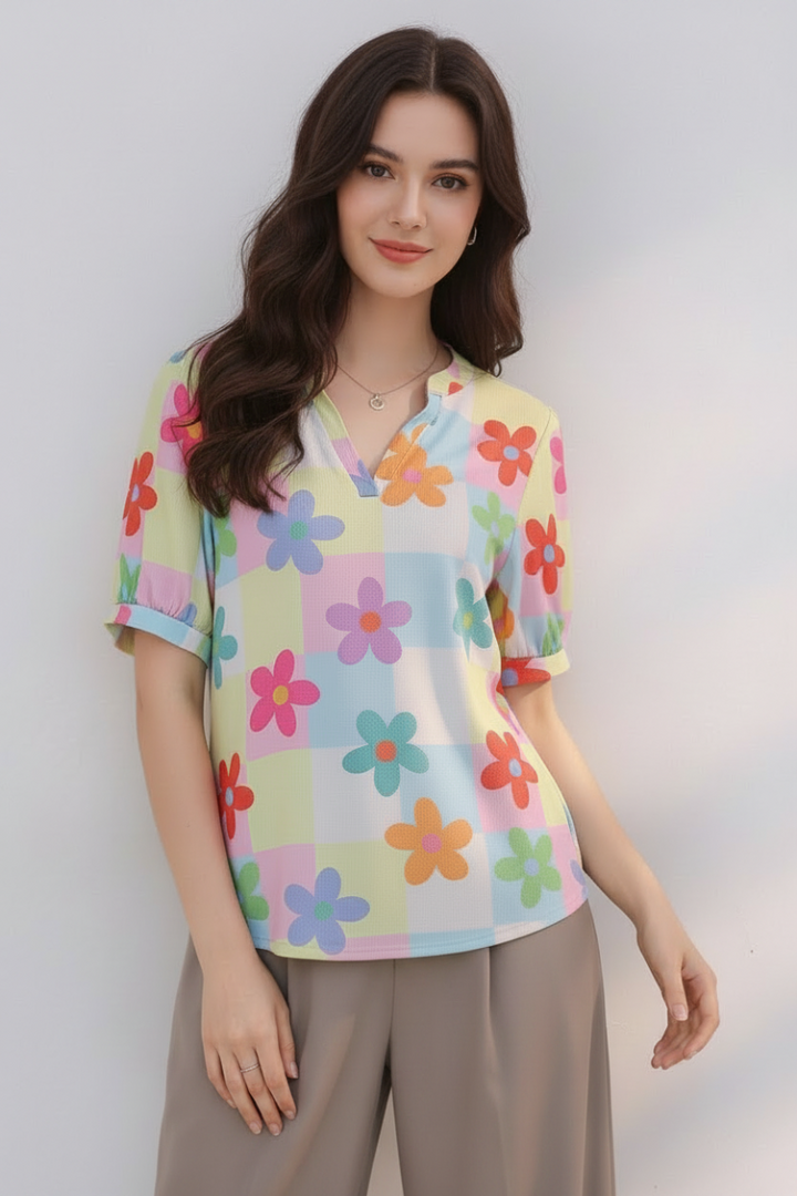 PLUS SIZE MANDARIN COLLAR FLORAL PRINT SHORT SLEEVE TOP HMET7934