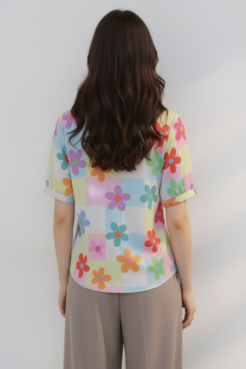 PLUS SIZE MANDARIN COLLAR FLORAL PRINT SHORT SLEEVE TOP HMET7934