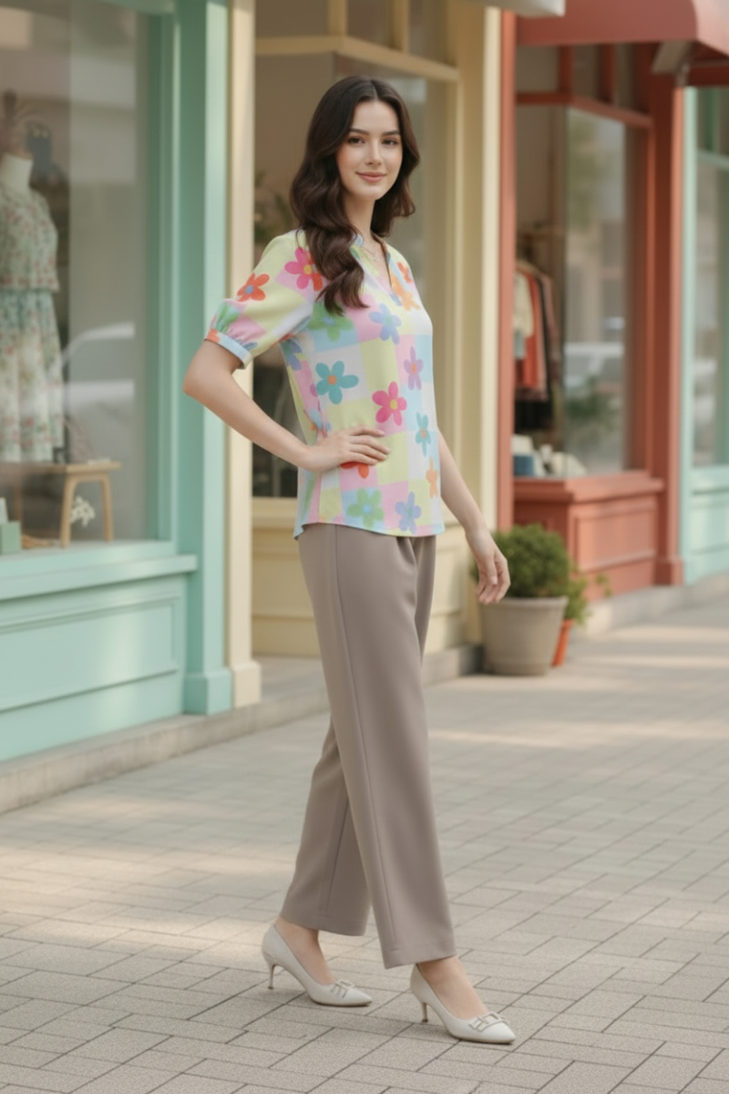 PLUS SIZE MANDARIN COLLAR FLORAL PRINT SHORT SLEEVE TOP HMET7934