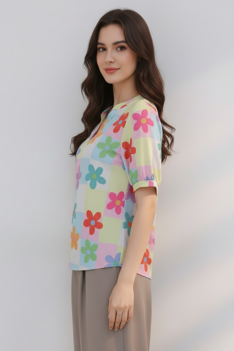 PLUS SIZE MANDARIN COLLAR FLORAL PRINT SHORT SLEEVE TOP HMET7934