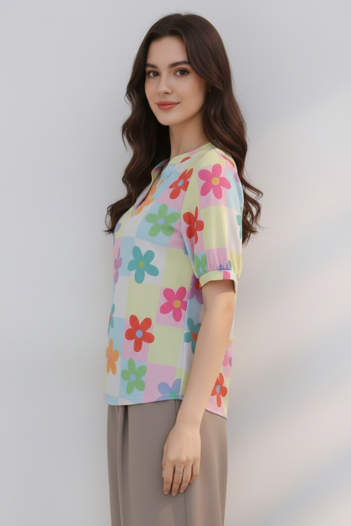 PLUS SIZE MANDARIN COLLAR FLORAL PRINT SHORT SLEEVE TOP HMET7934