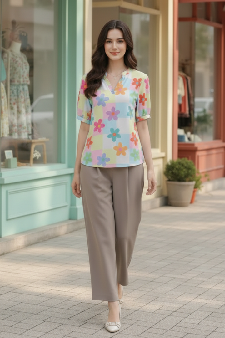 MANDARIN COLLAR FLORAL PRINT SHORT SLEEVE TOP HMET7934