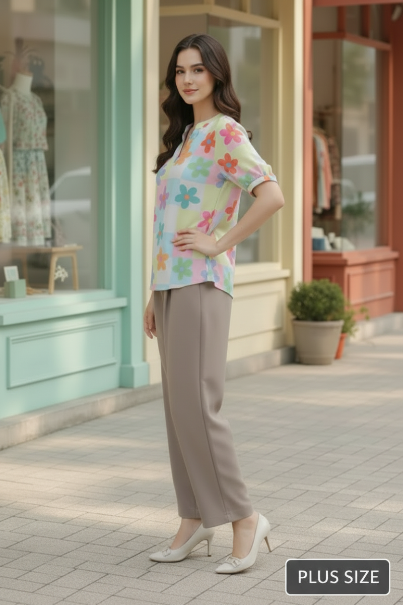 PLUS SIZE MANDARIN COLLAR FLORAL PRINT SHORT SLEEVE TOP HMET7934