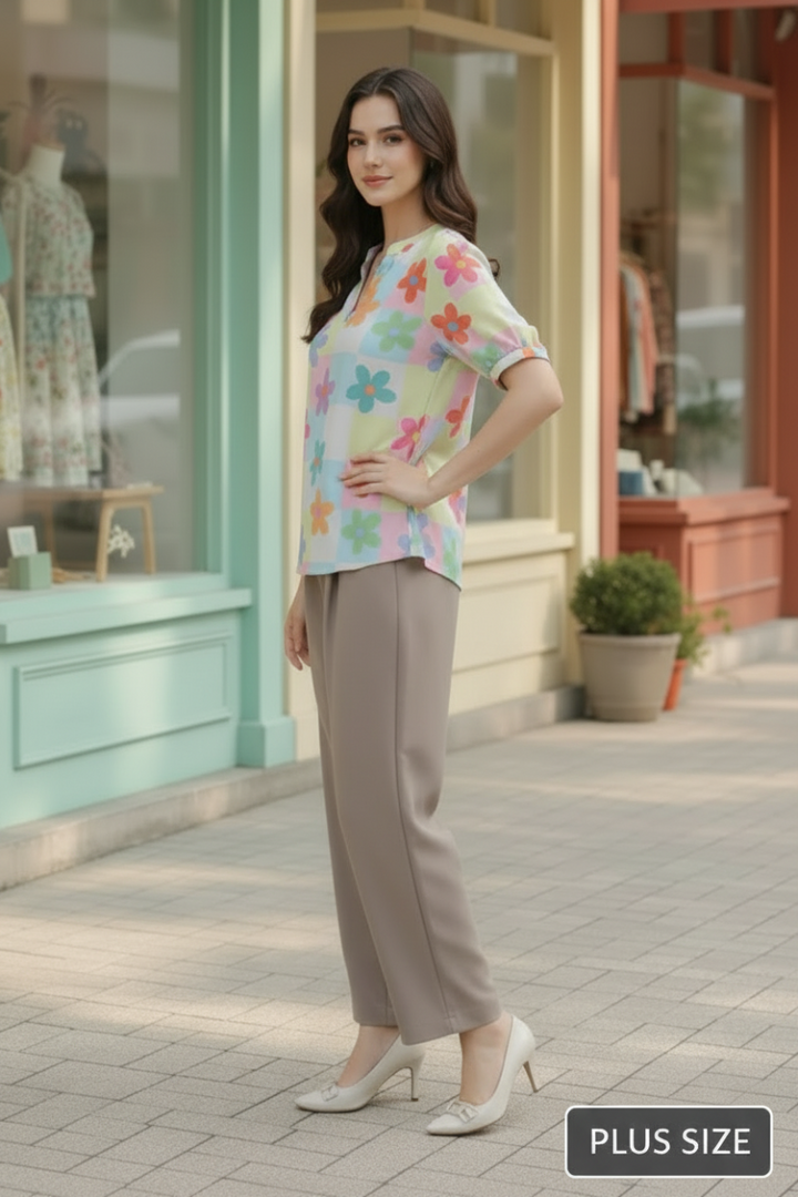 PLUS SIZE MANDARIN COLLAR FLORAL PRINT SHORT SLEEVE TOP HMET7934