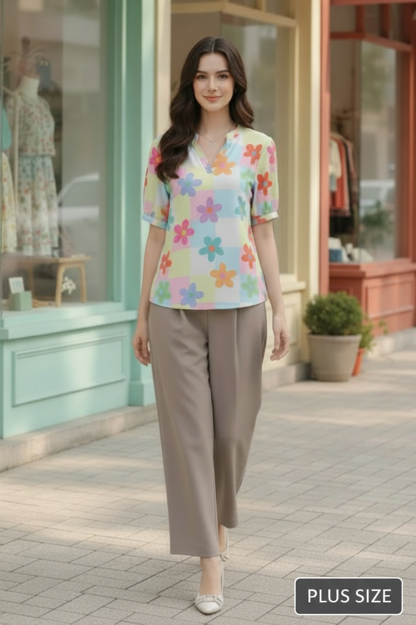 PLUS SIZE MANDARIN COLLAR FLORAL PRINT SHORT SLEEVE TOP HMET7934