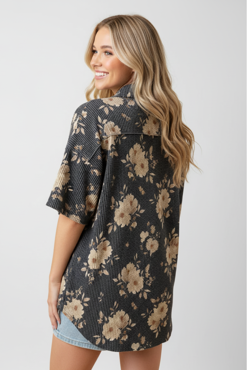 PLUS SIZE FLORAL PRINT COLLARED SHORT SLEEVE TOP HMET8040