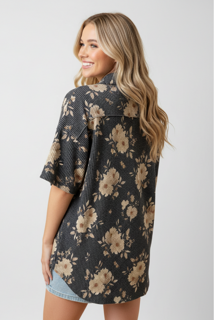 PLUS SIZE FLORAL PRINT COLLARED SHORT SLEEVE TOP HMET8040