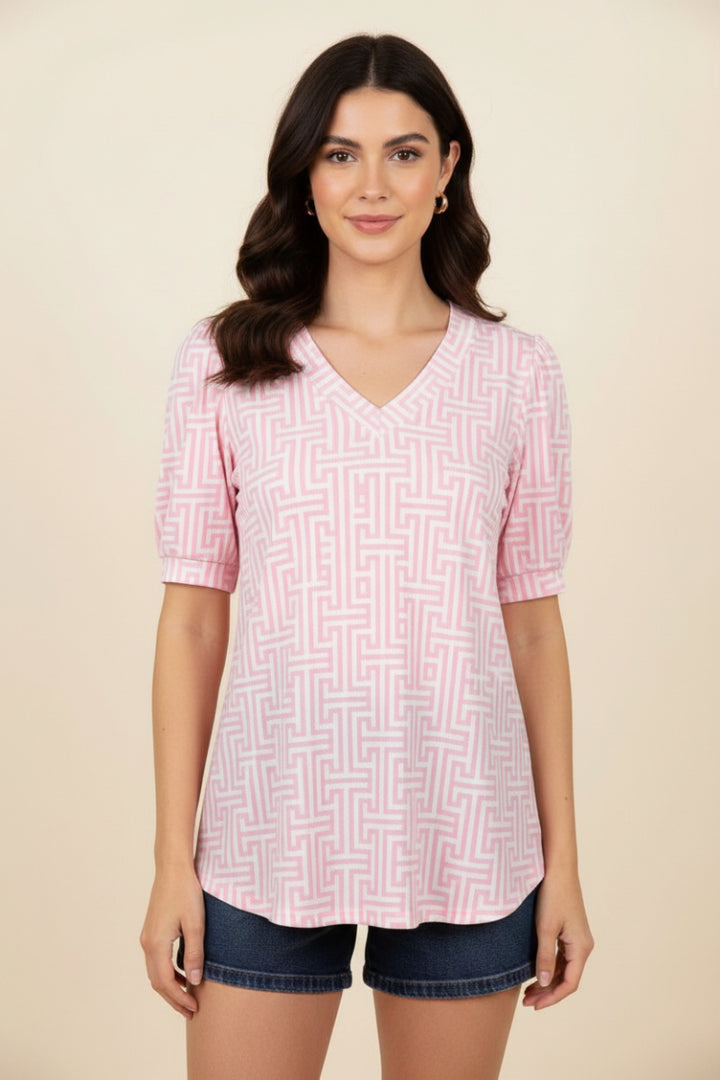 GEOMETRIC PRINT V-NECK PUFF SLEEVE TOP-HMET8105-12