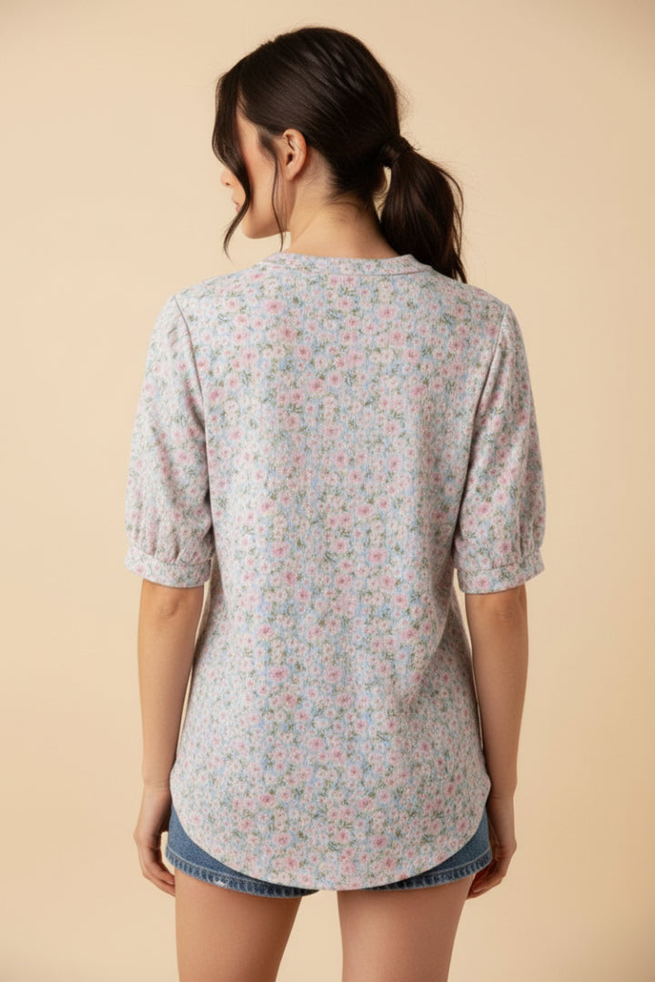 FLORAL V-NECK PUFF SLEEVE TOP-HMET8105
