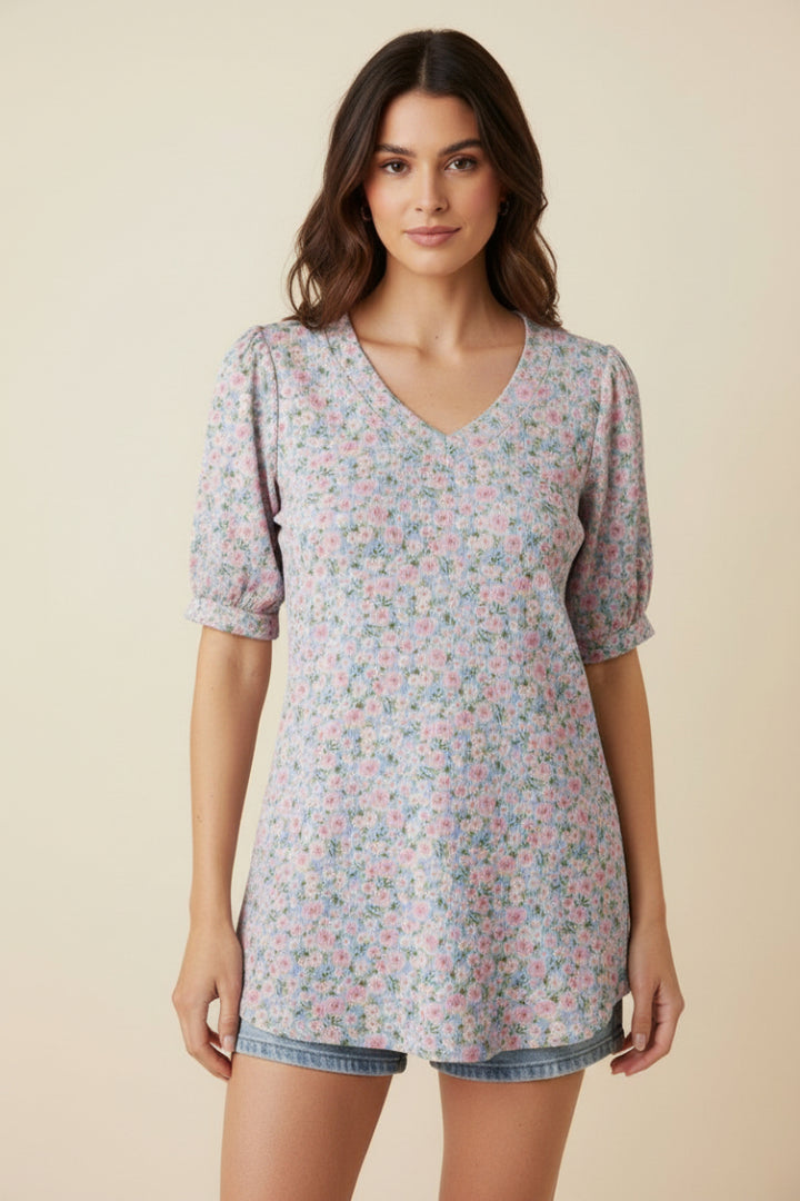 FLORAL V-NECK PUFF SLEEVE TOP-HMET8105