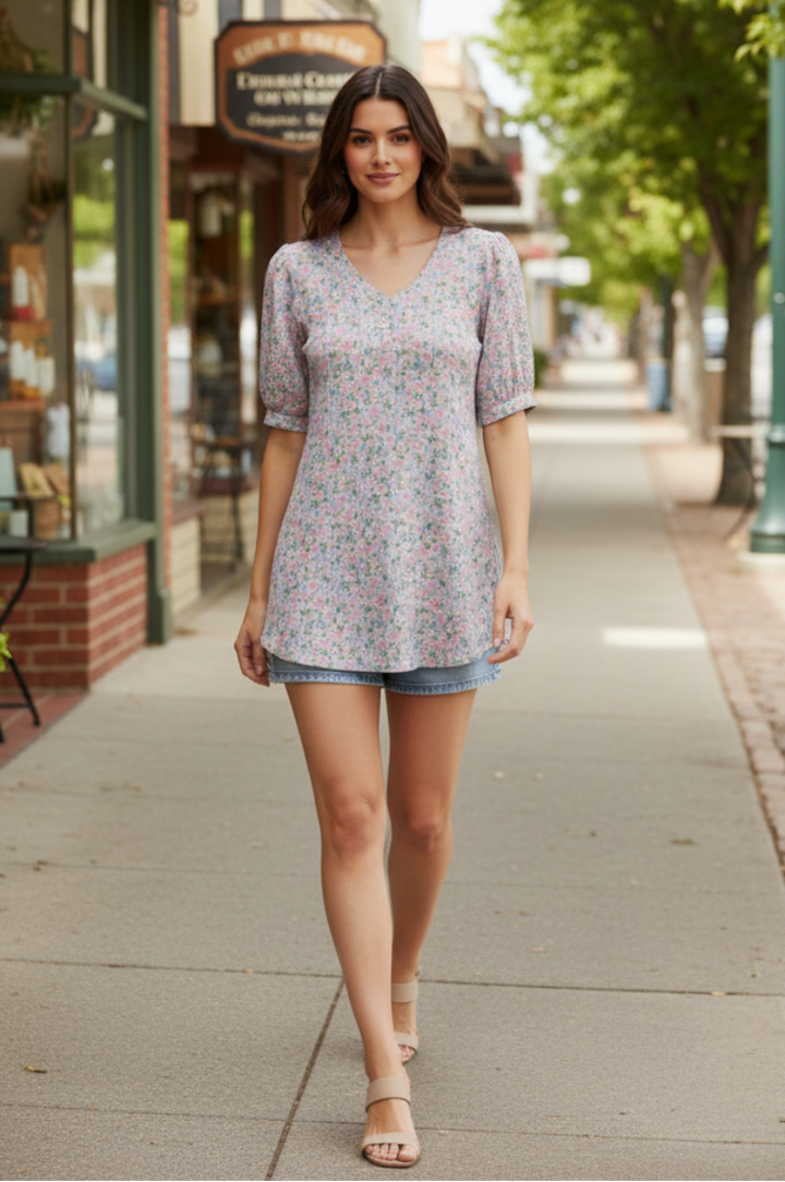 FLORAL V-NECK PUFF SLEEVE TOP-HMET8105