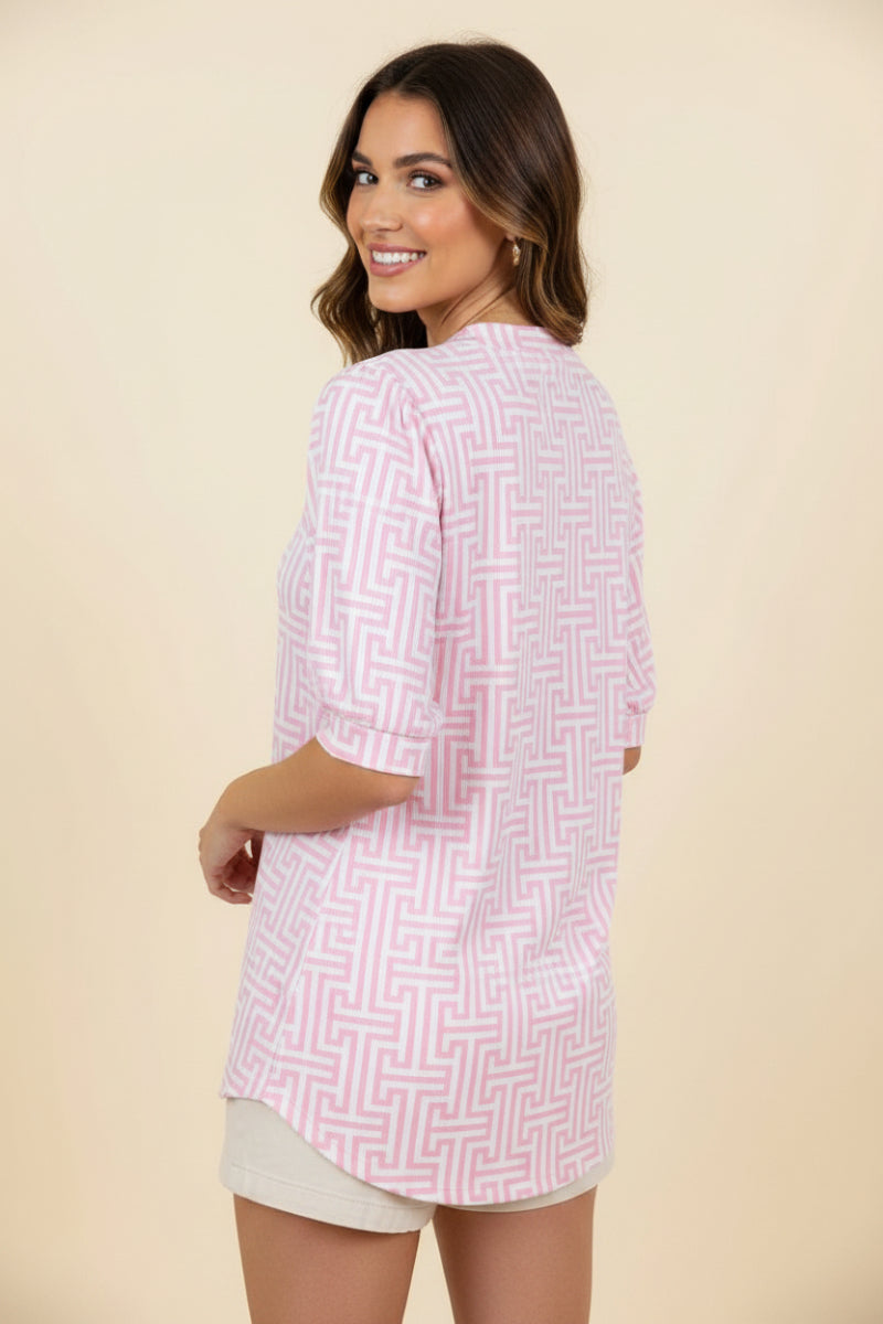 GEOMETRIC PRINT V-NECK PUFF SLEEVE TOP-HMET8105-12