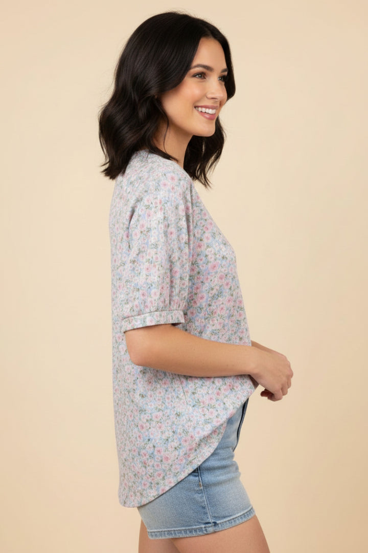 FLORAL V-NECK PUFF SLEEVE TOP-HMET8105