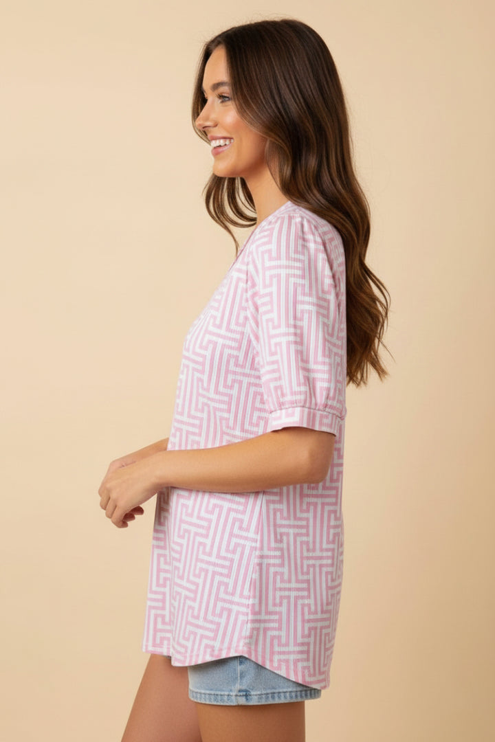 GEOMETRIC PRINT V-NECK PUFF SLEEVE TOP-HMET8105-12