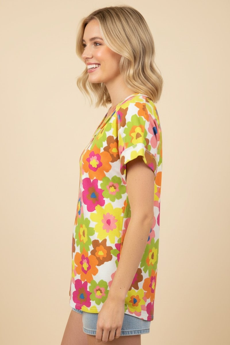 FLORAL PRINT V-NECK STITCH DETAIL TOP HMET7484