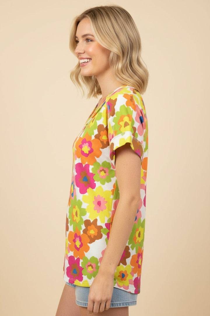 FLORAL PRINT V-NECK STITCH DETAIL TOP HMET7484