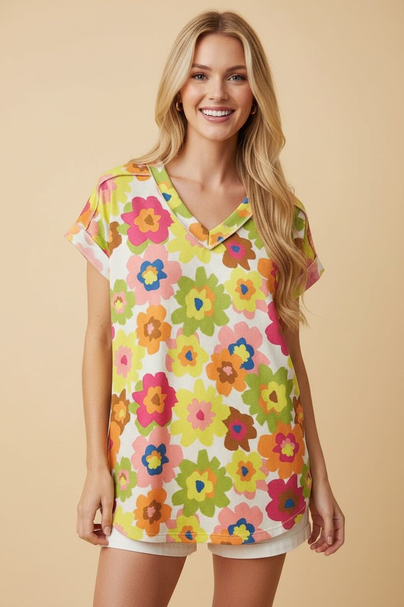 FLORAL PRINT V-NECK STITCH DETAIL TOP HMET7484