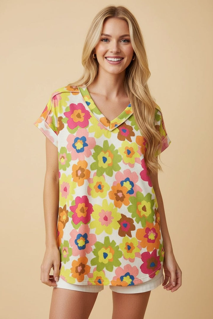 FLORAL PRINT V-NECK STITCH DETAIL TOP HMET7484