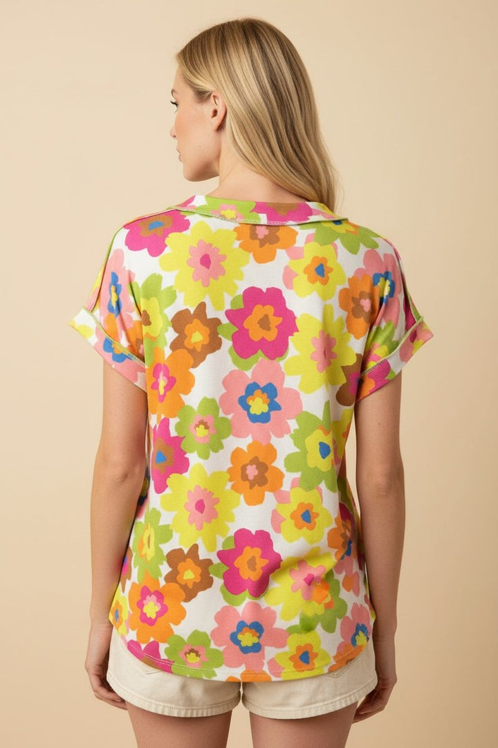 FLORAL PRINT V-NECK STITCH DETAIL TOP HMET7484