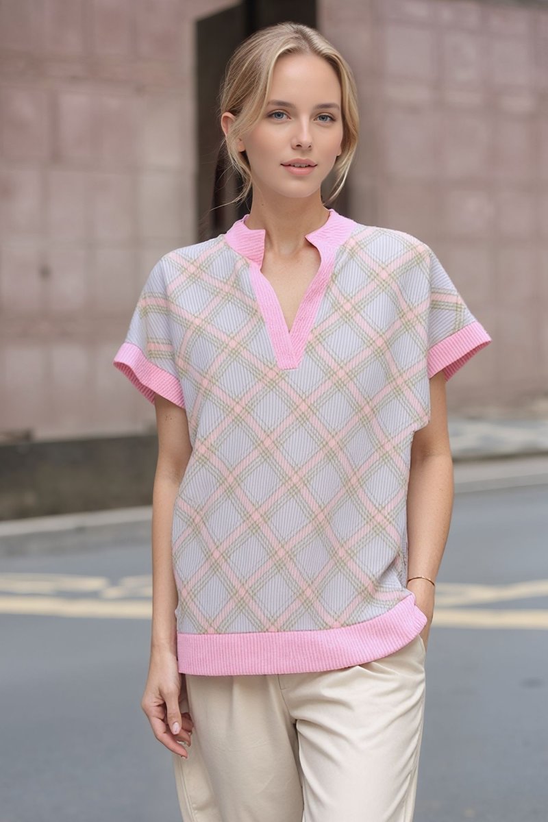 PLAID V-NECK SHORTS SLEEVES TOP HMET8095