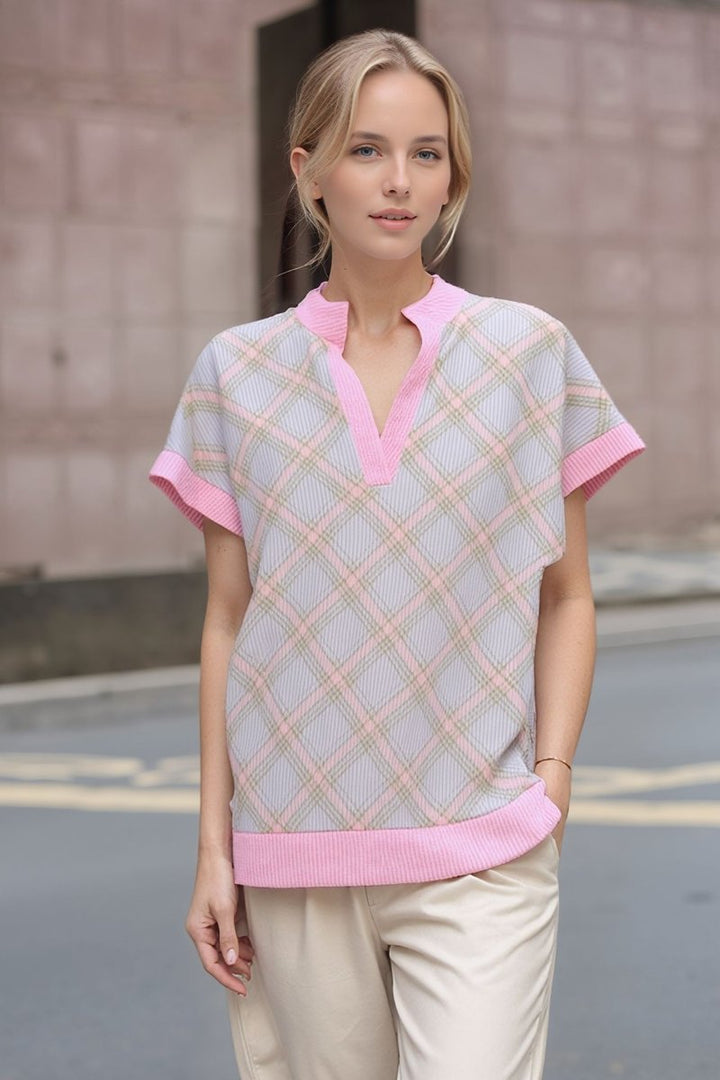PLAID V-NECK SHORTS SLEEVES TOP HMET8095