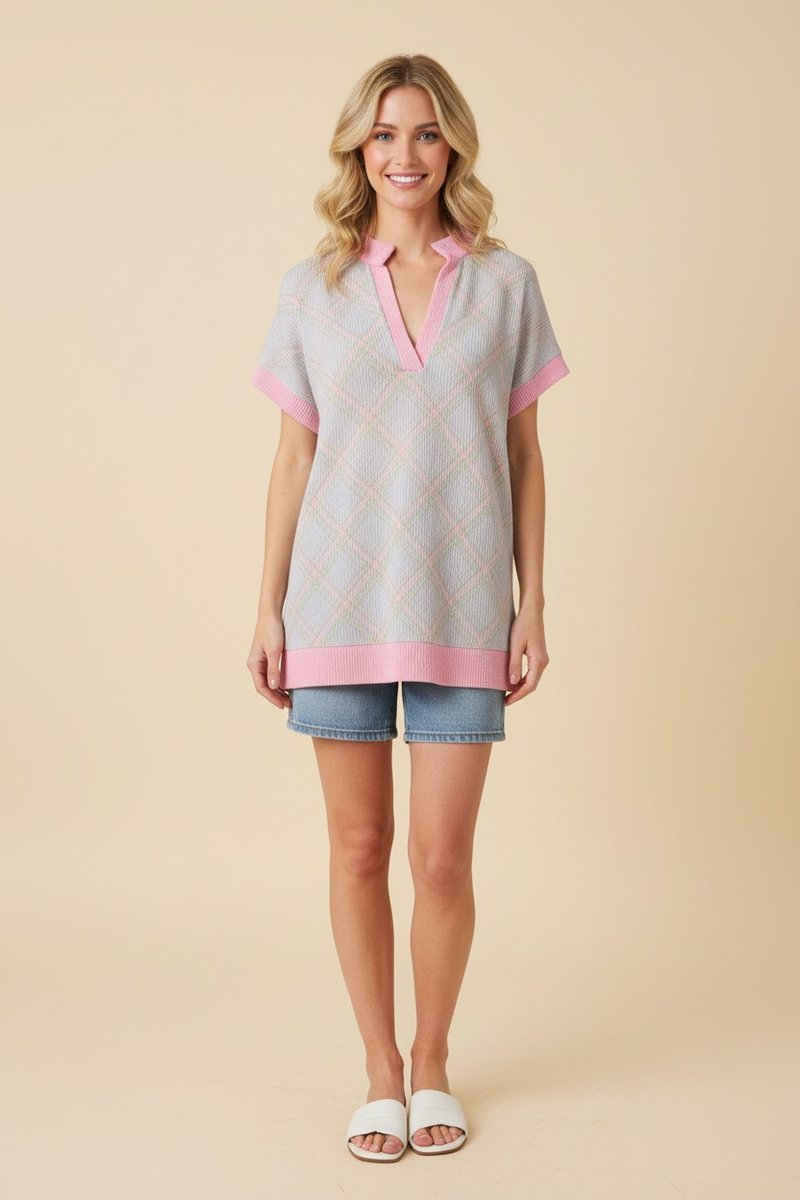 PLAID V-NECK SHORTS SLEEVES TOP HMET8095