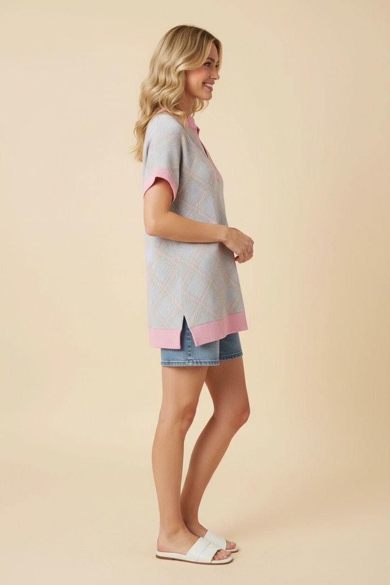 PLAID V-NECK SHORTS SLEEVES TOP HMET8095