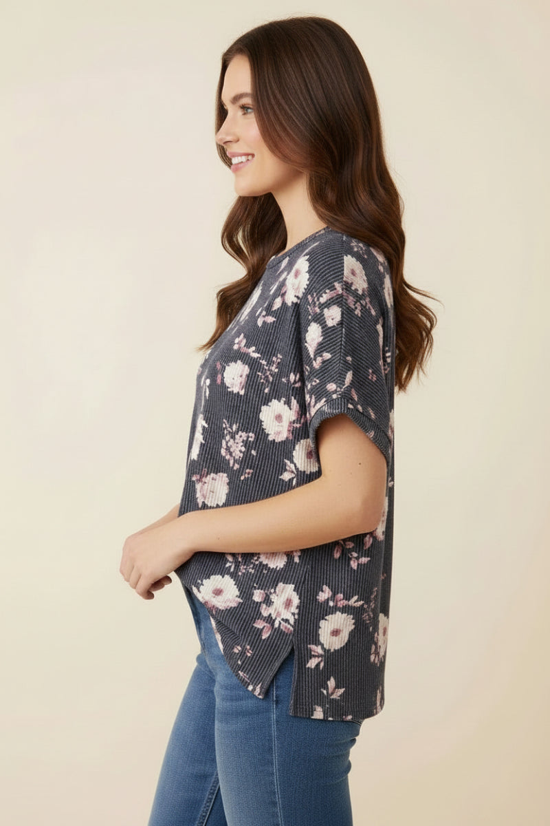 FLORAL URBAN RIBBED DROP SHOULDER TOP HMET7864